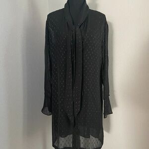 Theory Scarf Metallic Silk Long Sleeves Black Sheer Dress Size 8